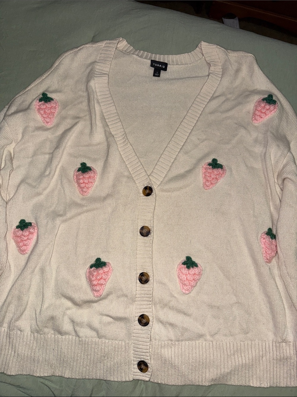 Torrid cardigan with pink strawberry appliqués